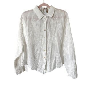 ODA Linen Cotton Embroidered Button Down Top White NWT‎ M/L